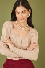 Yumi Oatmeal Fitted Rib Button Up Cardigan