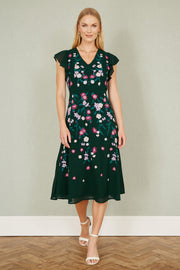 Yumi Green All Over Floral Embroidery Midi Skater Dress