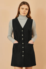 Yumi Black Cord Button Through Pinafore Dress With Pockets