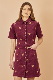 Yumi Burgundy Cord Shirt Dress With All Over Squirrel Embroidery