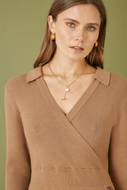 Yumi Brown Knitted Midi Dress With Asymmetric Button Details