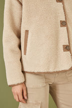 Yumi Cream Borg High Neck Jacket With Faux Leather Trims