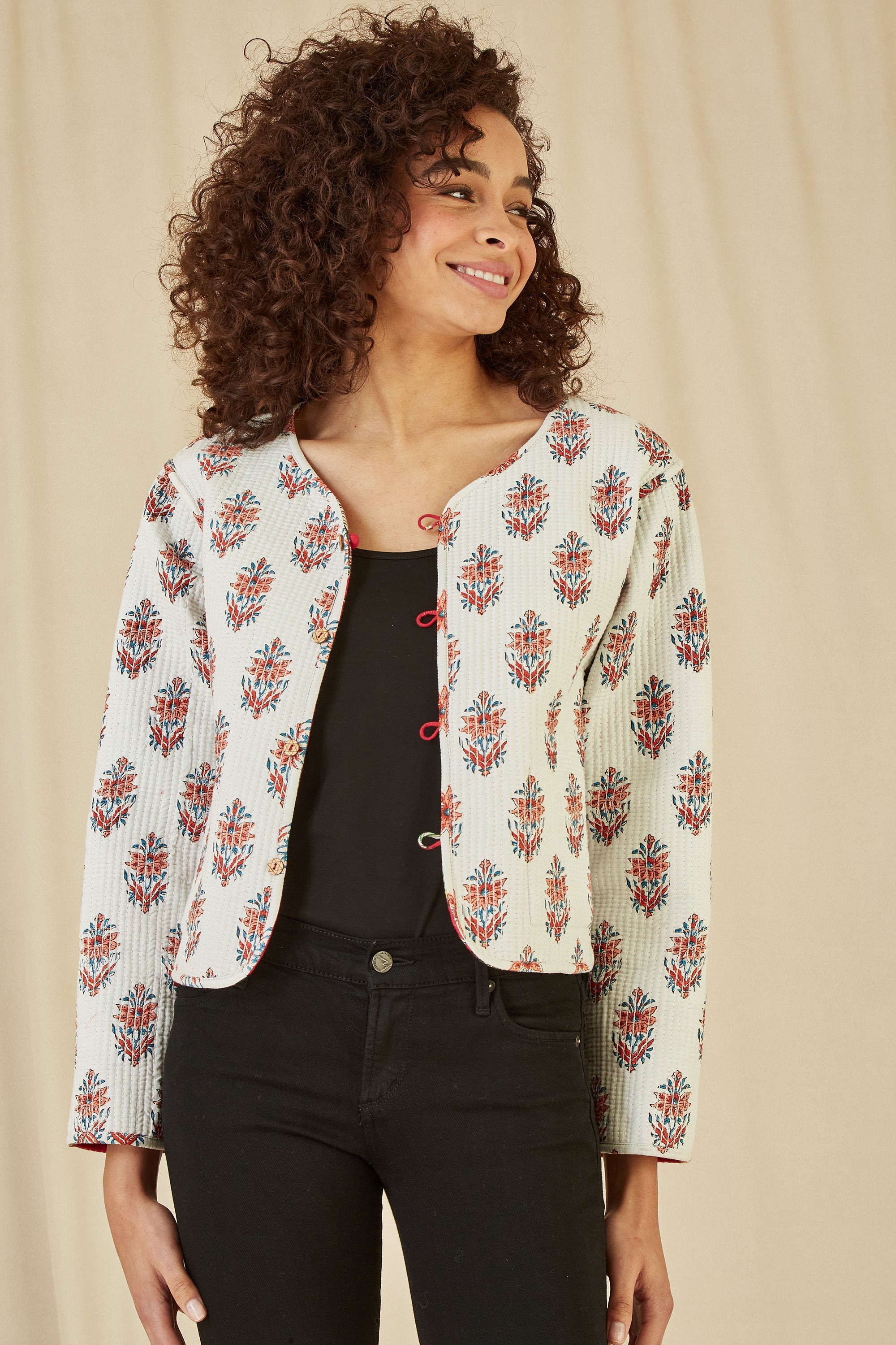 Yumi Red Animal Print Reversible Cotton Cropped Quilted Jacket