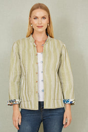 Yumi White Patchwork Print Reversible Cotton Quilted Jacket
