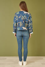 Yumi Blue Animal Print Reversible Cotton Cropped Quilted Jacket