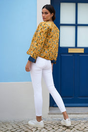 Yumi Blue Chambray Quilted Jacket With Reversible Floral Lining