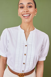 Yumi White Cotton Pleated short Sleeve Shirt