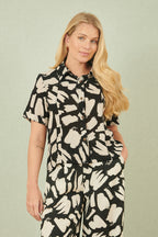 Yumi Black Cotton Splash Print Relaxed Fit Shirt