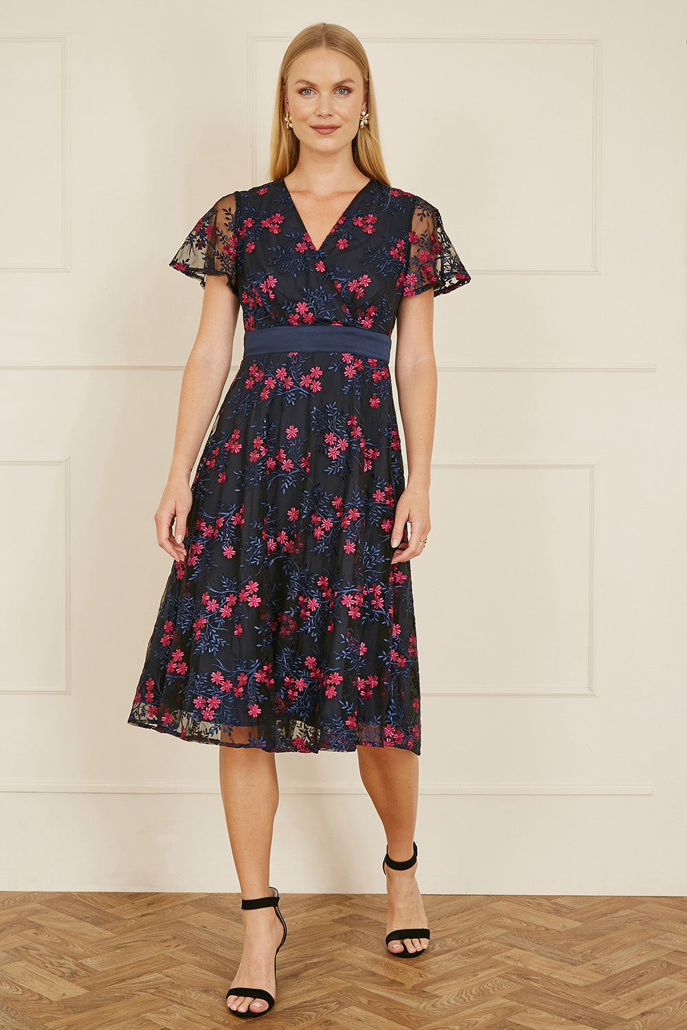 Yumi Navy Embroidered Floral Mesh Wrap Midi Skater Dress