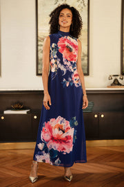 Yumi Navy Flower Halter Neck Maxi Dress