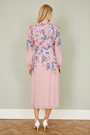 Yumi Pink Floral Placement Button Down Midi Dress With Long Sleeves