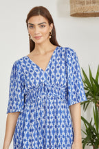 Yumi Blue Aztec Print Maxi Dress With Cross Over Back