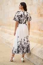 Yumi White Mirror Floral Design Pleated Midi Dress