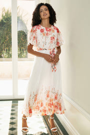 Yumi White Mirror Floral Design Pleated Midi Dress