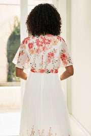 Yumi White Mirror Floral Design Pleated Midi Dress