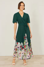 Yumi Green Mesh Wrap Midi Dress With Floral Hem Border