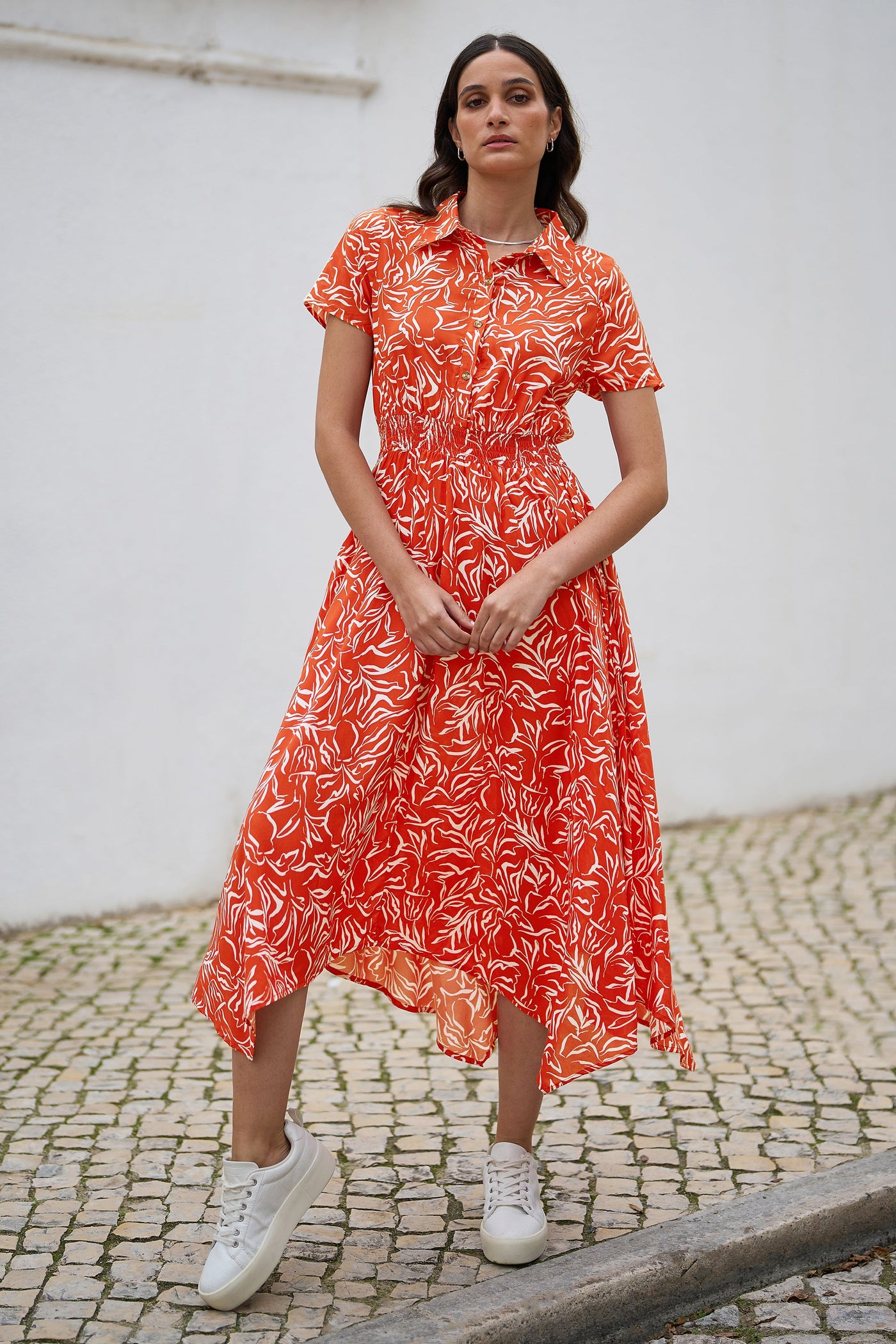 Yumi Coral Tropical Leaf print Midi Ruched Shirt Dress