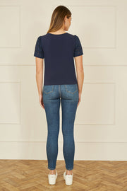 Yumi Navy Jersey Button Detail T-Shirt With Broderie Anglaise Sleeves And Tie Front