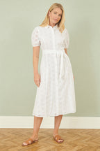 Yumi White Cotton Broderie Anglaise Midi Shirt Dress