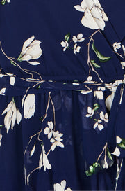 Yumi Navy Floral Wrap Midi Dress With Frill Hem