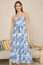Yumi Blue Floral Strappy Midi Dress With Front Tie