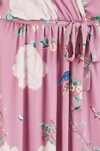 Yumi Pink Bird and Floral Print Midi Wrap Dress