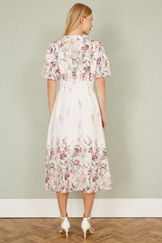 Yumi White Mirrored Floral Button Up Midi Dress With Ruched Waist