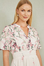 Yumi White Mirrored Floral Button Up Midi Dress With Ruched Waist