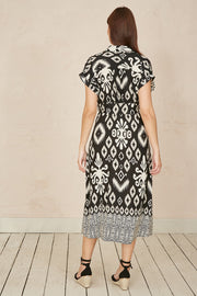 Yumi Black Abstract Geo Print Relaxed Midi Shirt Dress With Belt