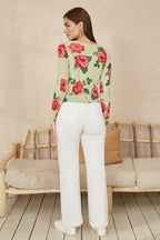 Yumi Green Rose Print Cardigan With Tie Front
