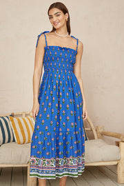 Yumi Blue Strappy Paisley Print Midi Dress With Ruched Bodice