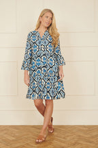 Yumi Viscose Blue Ikat Print 3/4 Sleeve Tunic Dress