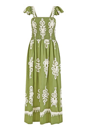 Yumi Green Block Print Ruched Maxi Dress