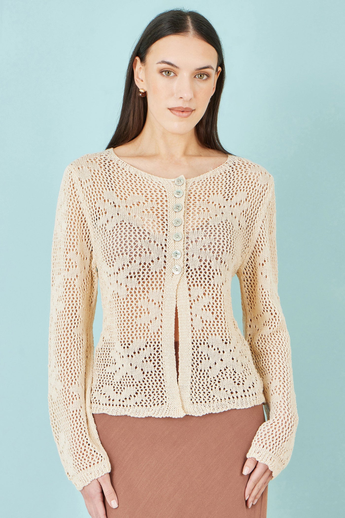Yumi Beige Flower Crochet Button Up Cardigan
