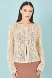 Yumi Beige Flower Crochet Button Up Cardigan
