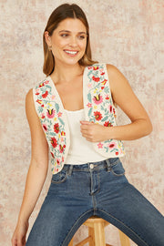 Yumi White Folk Embroidered Cotton Waist Coat