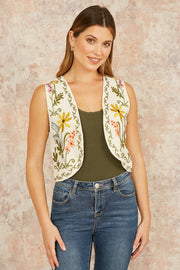 Yumi White Floral Embroidered Cotton Waist Coat