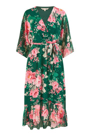 Yumi Dark Green Kimono Sleeves Midi Dip Hem Wrap Midi Dress