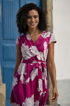 Pink Blossom Print Wrap Dress With Dipped Hem