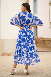 Yumi Navy Kimono Sleeves Midi Dip Hem Wrap Midi Dress