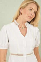 Yumi White Cotton Lace Trim Skater Shirt Dress