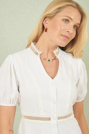 Yumi White Cotton Lace Trim Skater Shirt Dress