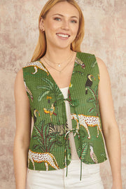 Yumi Green Animal Reversible Cotton Quilted Waistcoat