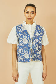 Yumi Blue Floral Reversible Cotton Quilted Waistcoat
