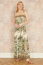 Yumi Green Palm Print Strappy Viscose Jumpsuit