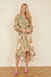 Yumi Green Viscose Scarf Print Tie Front Midi Dress With Dip Hem