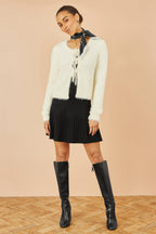 Yumi Ivory Eyelash Fluffy Knit Bolero With Tie Front
