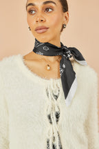 Yumi Ivory Eyelash Fluffy Knit Bolero With Tie Front