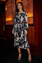 Yumi Black Floral Satin Pleated Midi Dress