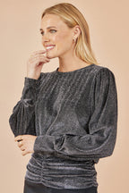 Yumi Black Metallic Stretch Ruched Hem Top